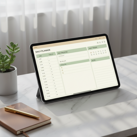 iPad displaying a minimalist daily planner on a styled marble desk with gold pen and succulent