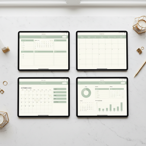 Four iPads showing daily, weekly, monthly and budget planner views in a flat lay grid
