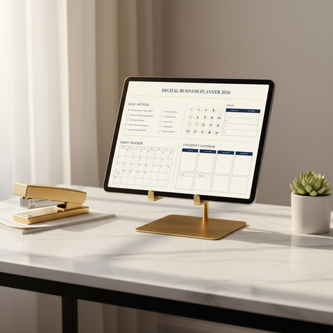 iPad displaying a professional business planner with goal setting and habit tracker on a styled office desk