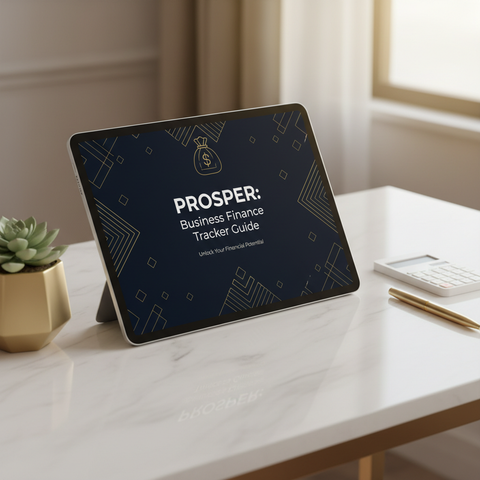 iPad displaying a navy and gold e-book cover for a business finance tracker guide on a styled marble desk