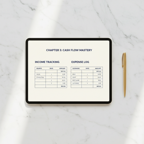 iPad showing an inside chapter page with income and expense tracking tables in a clean navy and cream layout