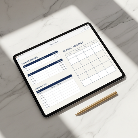 iPad showing finance tracker and content calendar spread with navy and gold design on marble surface